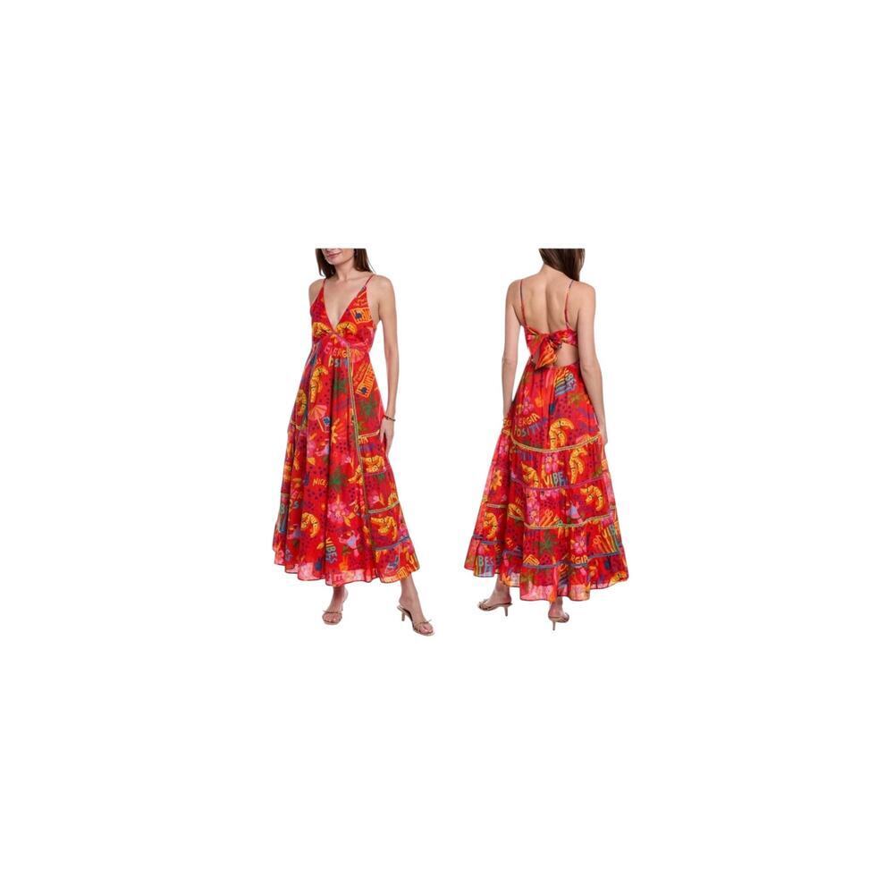 Farm Rio V-neck sleeveless Floral Print Long Dress 100% cotton colorful